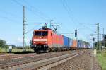 189 003-7 mit einem Containerzug in Friesack(Mark) in Richtung Neustadt Dosse.