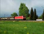 189 021 ist am 04.Mai.2011 mit einem gemischten Gterzug bei Halach unterwegs. Ich hatte gerade noch so die Chance, den Zug bei Sonnenschein zu erwischen, danach hatte eine Wolke wieder alles verdunkelt.