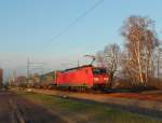 Die 189 019-3 mit LKW-Walter Aufliegern bei der Durchfahrt am 13.12.2013 in Nassenheide.