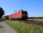 Am 23.07.2014 bespannte 189 016-9 einen Containerzug in Fahrtrichtung Norden. Aufgenommen bei Eystrup.