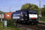 Der Chengdu-Tilburg-Rotterdam-Express mit DISPO-Lok 189 200 bei Grevenbroich, 11.9.18.