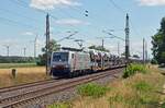 Die für NeS fahrende 189 842 der akiem führte am 16.07.23 einen BLG-Autozug aus Falkenberg(E) kommend durch Wittenberg-Labetz Richtung Dessau.