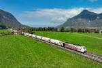 Eine Ladung Zucker für Italien, Am 15. Oktober 2025 beförderte der  rote Zebra  189 905 den DGS 44131 von München Nord nach Brescia. Bei Niederaudorf in Inntal konnte ich den Ganzzug vor dem Kranzhorn aufnehmen.  