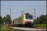 E189 905RT von RTC ist mit einem Kombizug nach Italien unterwegs und legt sich bei Pfrauendorf in die Kurve. (01.08.2009)