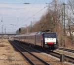 ES 64 F4-099 hat am 20.03.10 den EC 88 aus Milano Porta Garibaldi am Haken und durchfhrt hier gerade Trudering Richtung Mnchen-Ost.