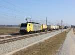 Die ES 64 F4-009 mit einem KLV-Zug am 15.03.2012 unterwegs bei Hattenhofen.