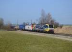 189 912 + 185 665 mit einem Containerzug am 08.03.2014 bei Ostermünchen.