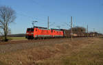 Zusammen mit 189 001 schleppte 189 002 am 16.02.19 einen Schiebewandwagenzug vorbei an Ruhlsdorf Richtung Wittenberg.