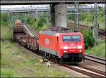 Lok 189 091-2 von Railion, fährt mit seinem Güterzug, in den Hbf Stralsund ein.   (am 31.05.06) 