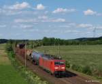 189 013-6 ist am 05.06.13 mit einem gemischtem Güterzug bei Ramelsloh Richtung Seelze unterwegs.
