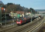 189 018 zieht am 03.Januar 2014 einen gemischten Güterzug durch Kronach Richtung Lichtenfels.