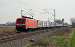 189 014 zog am 03.04.16 einen Maersk-Containerzug durch das Zerbster Umland Richtung Magdeburg.