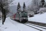 Die von Railpool gemietete 193 805 rollt am 25.12.2025 mit der S6 7360 von Wies-Eibiswald nach Graz Hbf kurz vor dem Bahnhof Deutschlandsberg beim Stiftungspark durch die weststeirische Winterlandschaft.