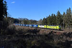 Die Schatten waren schon bedrohlich nah am Gleis, aber ein Bild des DGS 40565 von Padborg nach Verona Q.E. ging sich noch aus im Waldstück zwischen Grafing und Aßling. Der komplett beladene KLV-Zug wurde am 06. März 2021 von einem Alpha Trains Tandem in Form von 193 553 und 551 befördert. Die Lackierung der Loks hob sich in der noch kahlen Natur besonders gut vom Hintergund ab.  