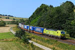 Von Norditalien bis nach Dänemark bespannte am 09. Juli 2023 die für TXLogistik fahrende 193 558 durchgehend den KLV-Zug DGS 40560 von Verona Q.E. nach Padborg. Bei Hermannspiegel im osthessischen Haunetal befindet sich die Leistung geographisch ziemlich in der Mitte Deutschlands, es sind also noch einige Kilometer bis zum Ziel zu absolvieren.