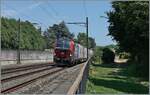 Kurz nach Concise zeigt sich im typischen Sommerlicht die von SBB Cargo angemietete 193 068 mit einem Rail-Care Zug auf der Fahrt nach Vufflens la Ville.