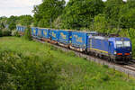 BEACON Siemens Vectron X4 E-804 (193 804-0) und Walter Auflieger in gelb blau am 19.5.25 bei Feldmoching.