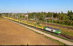 Der Dachs  mit der Nummer 7193 108-6 (Siemens Vectron) zieht leere Rungenwagen mit der Bezeichnung  Snps  am Birkhahnweg in Halle (Saale) gen S�den.

🧰 Alpha Trains Luxembourg S.� r.l., vermietet an die Salzburger Eisenbahn Transportlogistik GmbH (SETG)
🕓 19.8.2025 | 18:13 Uhr