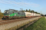 193 258 Ell in Lackierung und ausgeblichene SBB Cargo Schrift mit Aufliegern am 28.9.2026 bei Haspelmoor