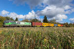 193 208 Ell mit bunten Containern während einer Wolkenlücke bei kalten Temperaturen am 24.10.26 bei Eglharting. Ein herbstlicher Sturm ist auch dabei.
