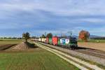 193 223 mit einem Containerzug am 31.10.2018 bei Langenisarhofen.