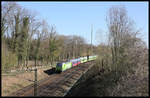 Der Flixtrain 1803 verlässt hier am 1.4.2019 um 9.54 Uhr auf dem Weg nach Köln den Ortsbereich von Hasbergen.