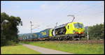 Neue TXL Werbelok 193 556 mit einem KLV und Schiebewandwagenzug von Rostock am 27.08.17 in Burgsinn