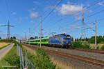 Am 30.06.2020 ist die Maschine bei Kerpen-Sindorf mit FLiXTRAIN-Personenwagen auf Testfahrt in Richtung Köln.