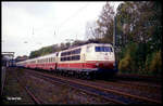 103181 mit IC 833 Karolinger nach Kiel fährt hier am 4.11.1991 durch den Bahnhof Natrup Hagen.
