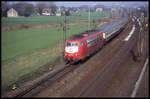 103157 mit IC 621 hat hier am 9.4.1993 gerade den Bahnhof Lengerich durchfahren und ist unterwegs zum nächsten Halt in Münster HBF.