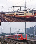 Auf der oberen Aufnahme aus dem Mai 1978 verl�sst die 103 197-0 mit einem IC den Stuttgarter Hauptbahnhof, darunter f�hrt ein 425 als RE im Fr�hjahr 2013 aus. Damals f�hrten die IC nur die 1. Klasse, ab dem Sommerfahrplan 1979 waren sie dann zweiklassig. Zum Zeitpunkt der oberen Aufnahme befanden sich westlich des Hauptbahnhofes noch umfangreiche Gleisanlagen. 2013 ist das fr�here Bahngel�nde schon �berbaut – Stuttgart 21 l�sst gr��en…
