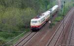 103 184 fhrt am 04.05.10 mit ihrem TEE vom Werk Delitzsch kommend(Abstellort) nach Dessau. Fotografiert bei der Durchfahrt in Holzweissig.