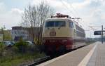 103 113 war am 13.04.12 vom Werk Dessau aus auf Probefahrt. Die Fahrt ging von Dessau aus ber Bitterfeld und Leipzig nach Riesa. Hier durchfhrt 103 113 auf der Rckfahrt nach Dessau den Bahnhof Bitterfeld.