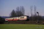 103230 mit Intercity 631  Theodor Storm  Richtung Hamburg am 6.3.1989 um 11.12 Uhr an der Landesgrenze Nordrhein - Westfalen zu Niedersachsen bei Natrup - Hagen.