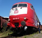 Bahnwelt Darmstadt Kranichstein 103 101-2 am 07.05.16 mit alten DB Logo und überarbeiteten Lack.