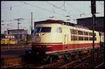 103160 hält am 10.5.1991 um 8.17 Uhr mit dem EC 15 Wörthersee im HBF Duisburg.