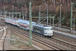 103 222-6 der RailAdventure GmbH überführt einen DBpbzfa 668.2 sowie 147 558-1 und 147 560-7 auf der Bahnstrecke Děčín–Dresden-Neustadt (Elbtalbahn | KBS 247) weiter in