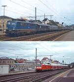 Zwischen den beiden Aufnahmen des Bahnhofs Esslingen liegen etwa 35 Jahre: Oben f�hrt die 110 235-9 im Mai 1978 mit einer zeittypischen Zuggarnitur ein, darunter 146 211-4 im Fr�hjahr 2013 mit einer Doppelstockgarnitur. Auf dem unteren Bild ist gut zu erkennen, dass der Bahnsteig am Empfangsgeb�ude verschwunden ist, hier verl�uft jetzt die Eugenie-von-Soden-Stra�e.