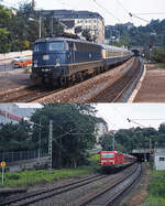 Mit einem D-Zug durchf�hrt die 110 463-7 im Mai 1978 den Bahnhof Stuttgart-Feuerbach – damals ein idealer Fotostandpunkt, nicht nur wegen des dichten Verkehrs, sondern auch wegen der Vielfalt