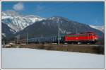Saisonzug D 13813, am 16.2.2008 mit 110 347 bespannt, aufgenommen zwischen Leogang und Saalfelden.