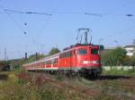 110 396 schiebt deie RB 48 von Bonn-Mehlem nach Wuppertal-Oberbarmen am 07.10.2007 aus dem Bahnhof Bonn-Mehlem.