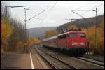 110 446-2 verlsst am 03.11.07 mit RB 37155 von Aalen nach Donauwrth den Regionalbahnhof Lauchheim.