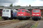 In guter Gesellschaft steht die Stuttgarter 110 484-3 am 25. Juli 2009 bei der 110er Parade im BW Stuttgart. Sie wird rechts von 111 082-4 und links von 139 312-3 beschtzt. Das BW war an diesem Tag in bestimmten Bereichen ffentlich zugnglich.