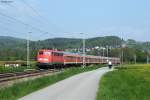 110 483-5 zieht den RE 19003 (Aalen-Stuttgart). Dieser Zug verkehrte anlsslich des Remstotal 2013. Aufgenommen am 05.05.2013 bei Urbach.