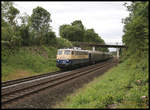 Centralbahn Lok 110383-7 erreicht hier mit einem langen Sonderzug aus Richtung Münster kommend am 8.6.2019 um 8.37 Uhr den Ortsrand von Hasbergen.