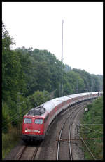 DB 110356 war am 11.9.2005 am Ortsrand von Hasbergen mit einem Autoreisezug auf der Rollbahn in Richtung Münster unterwegs.