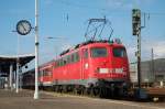 110 508-9 stand am 09.09.07 mit einer RegionalBahn-Garnitur im Pendel zwischen Aalen und Donauwrth auf Gleis 5 des Aalener Bahnhofs.