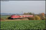 110 414-0 zieht am 29.10.07 die RB 37158 von Donauwrth nach Aalen, hier bei Westhausen aufgenommen.