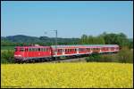 Am 11.05.08 zieht 110 484 ihre RB 37162 von Donauwrth nach Aalen, aufgenommen am Km 81,8 der KBS 995 (Riesbahn) in Hhe des ehem.