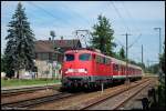 110 483 bringt am 22.06.08 RB 37154 von Donauwrth nach Aalen, aufgenommen bei der Ausfahrt aus dem Goldshfer Bahnhof.